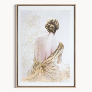Obraz kremowo, złoty dekoracyjny z artystycznym motywem postaci oprawiony w ramę 50x70 cm