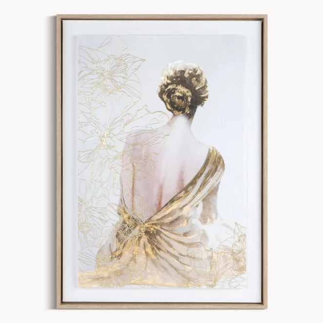 Obraz kremowo, złoty dekoracyjny z artystycznym motywem postaci oprawiony w ramę 50x70 cm