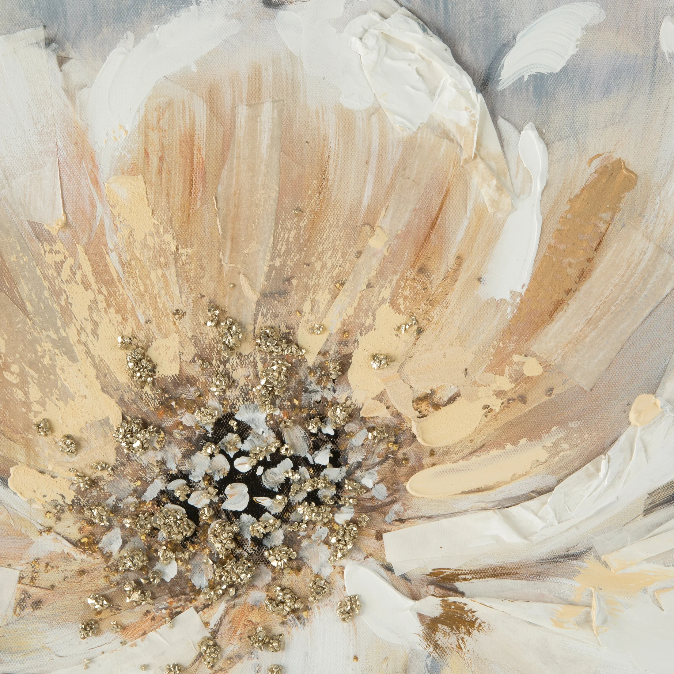 Obraz kwiatowy kremowo, szary ręcznie malowany na płótnie kwiat podkreślony refleksami 60x80 cm PEONY 1
