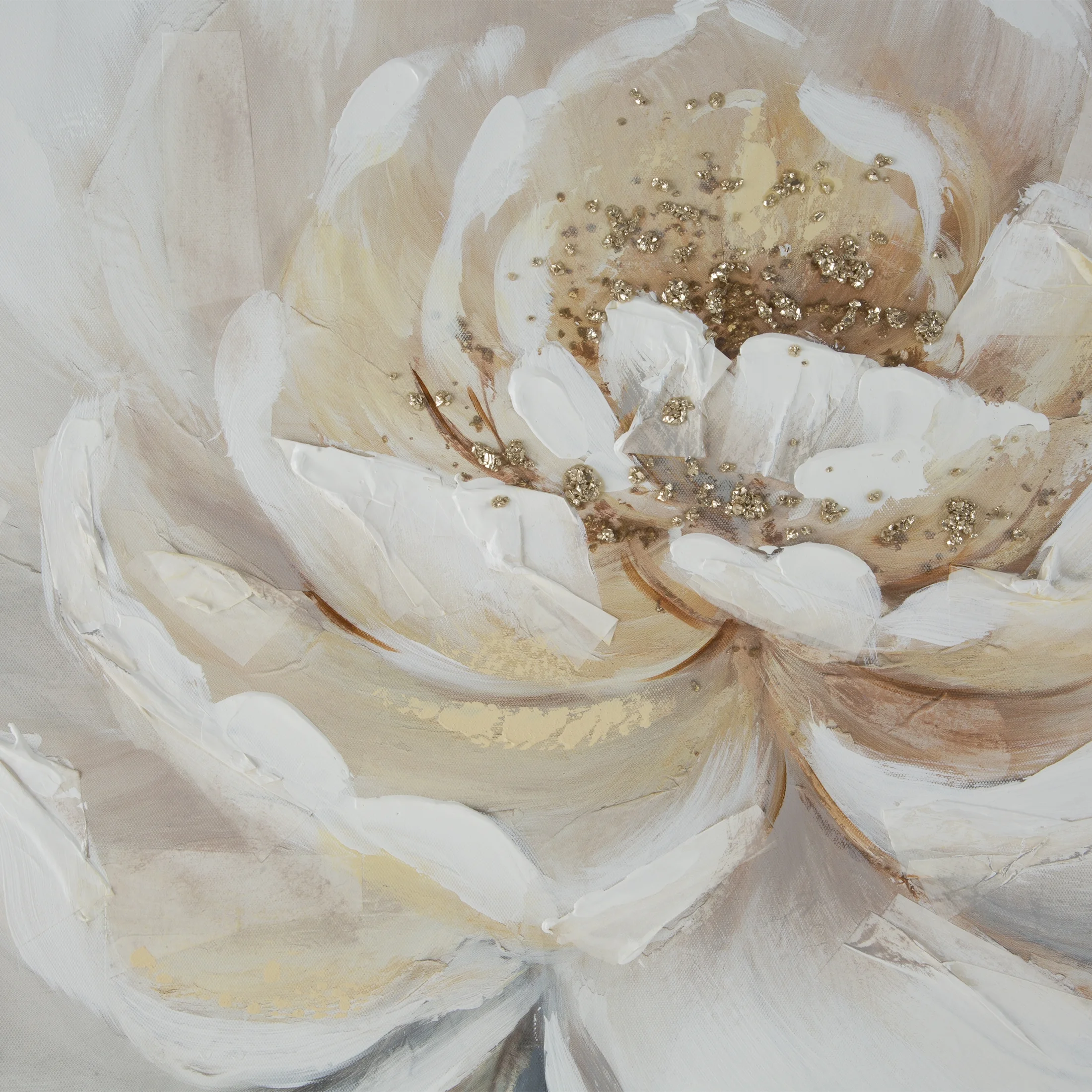 Obraz kwiatowy kremowo, szary ręcznie malowany na płótnie podkreślony refleksami 60x80 cm PEONY 2