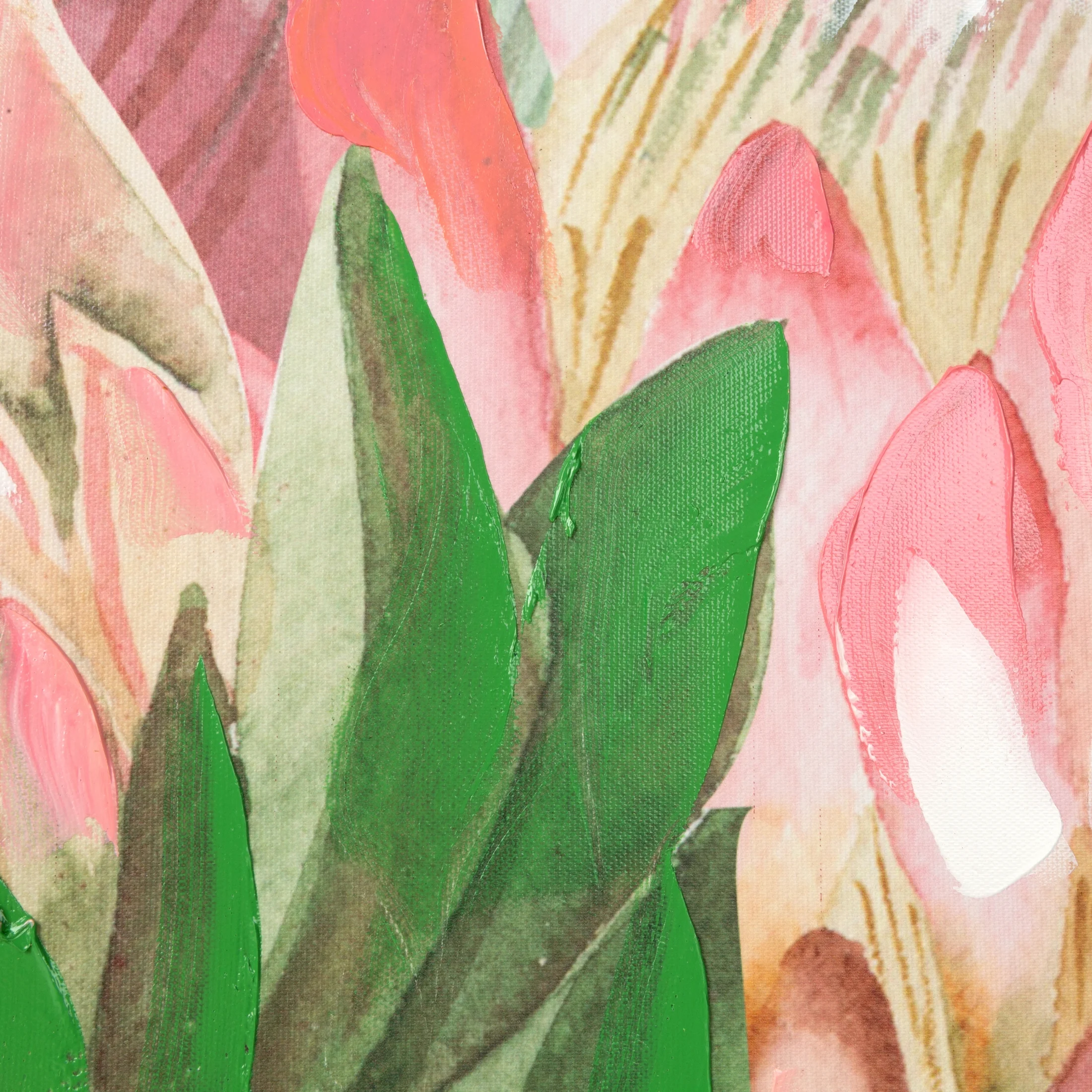 Obraz kwiatowy różowo, zielony ręcznie malowane na płótnie kwiaty 100x60 cm TROPICAL