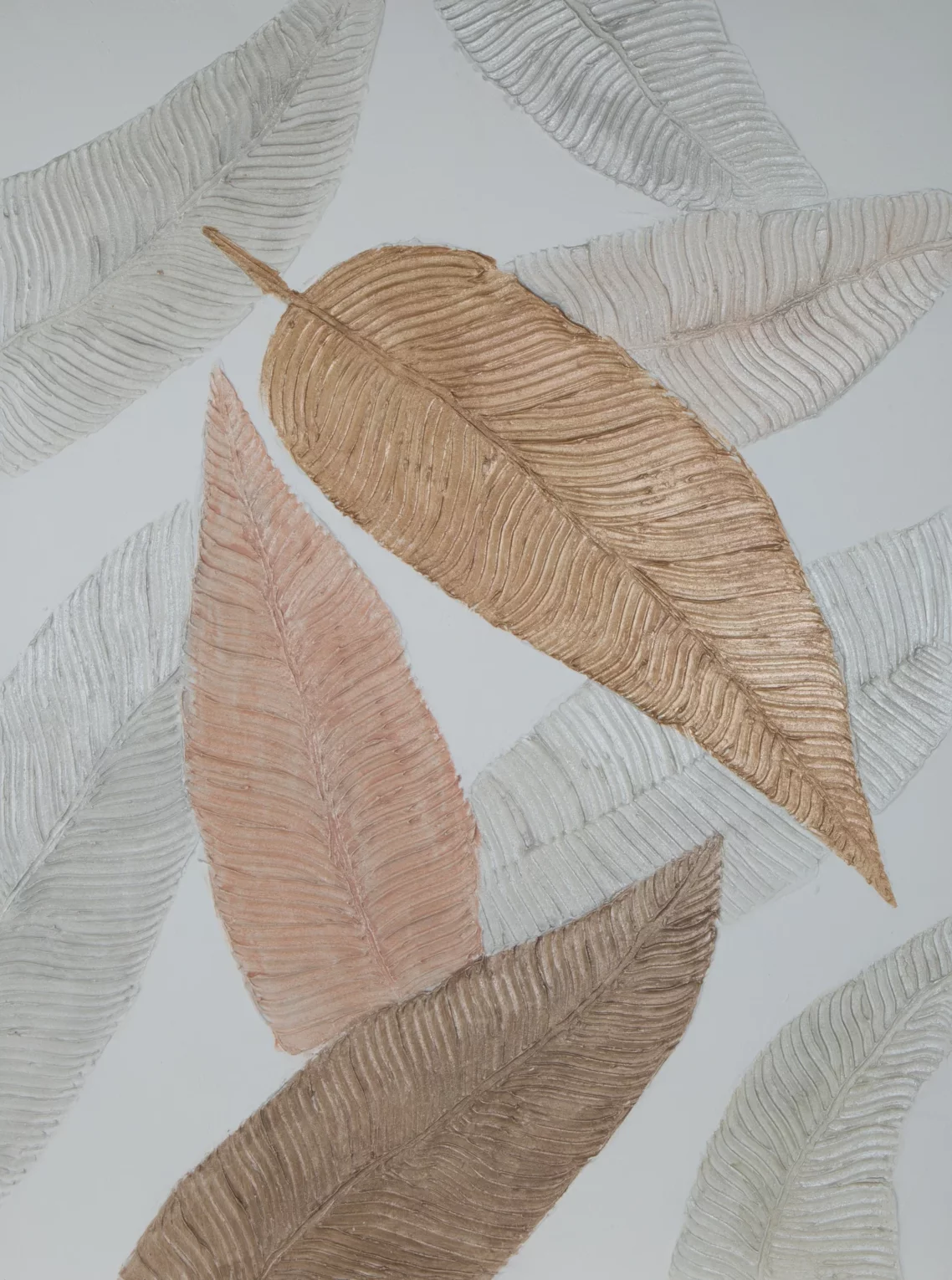 Obraz roślinny biało, beżowy ręcznie malowany na płótnie z wyraźną strukturą 90x120 cm
