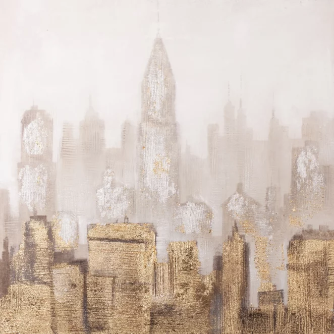 Obraz miasta beżowo, złoty ręcznie malowany na płótnie 80x80 cm METROPOLIS 1