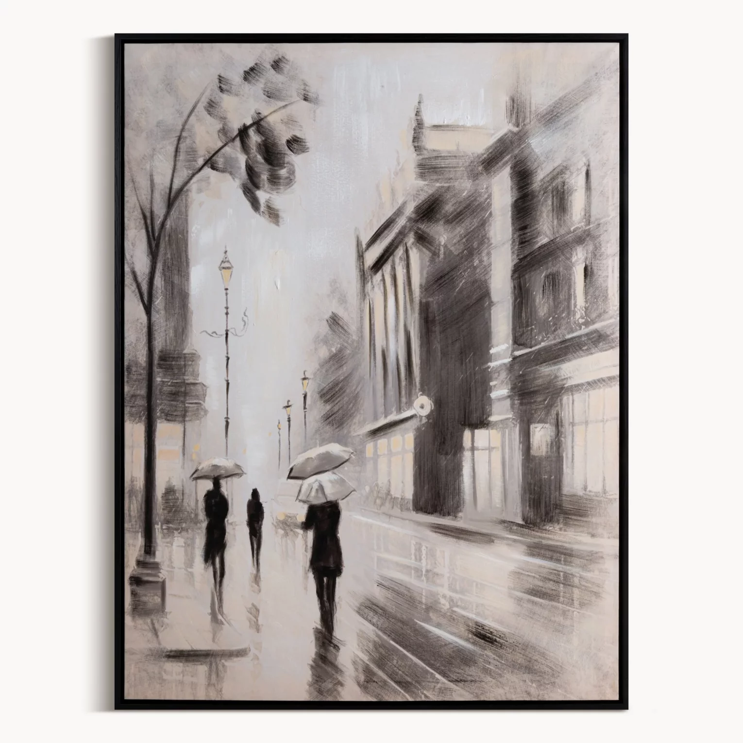 Obraz miasta ciemnoszaro, czarny malowany ręcznie na płótnie, oprawiony w ramę 60x80 cm