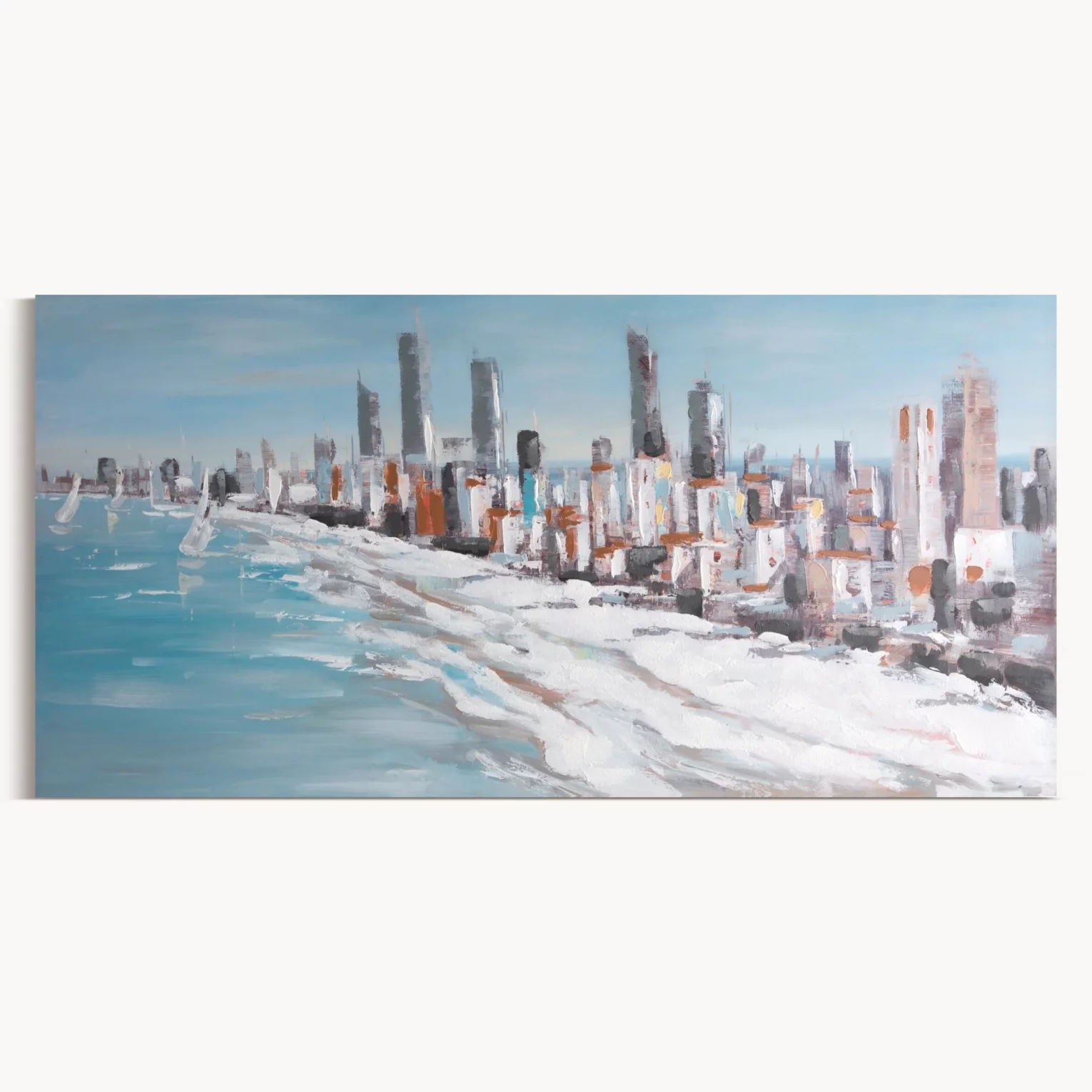 Obraz miasto niebiesko, biały ręcznie malowany na płótnie 140x70 cm