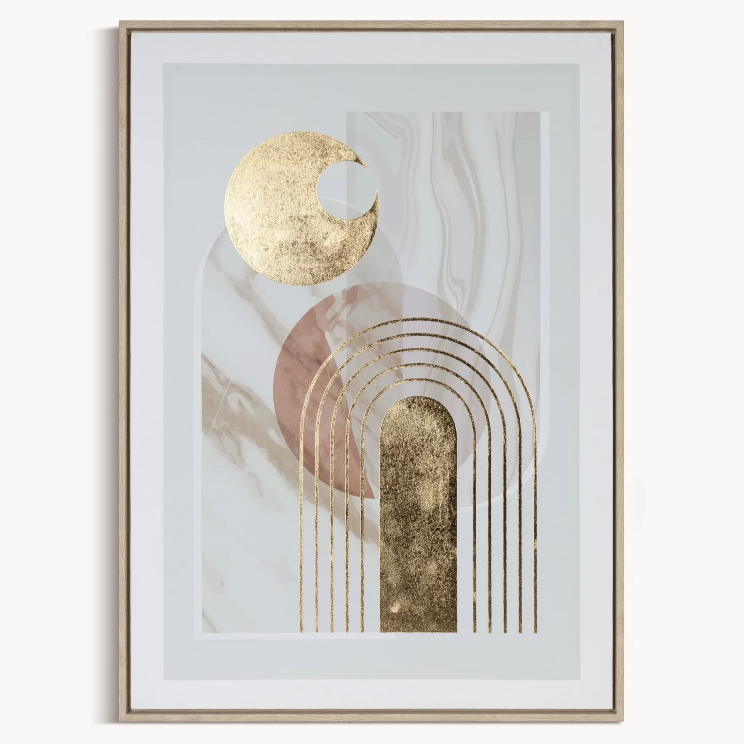Obraz abstrakcja beżowo, złocisty nadruk na płótnie w stylu boho oprawiony w ramę 50x70 cm