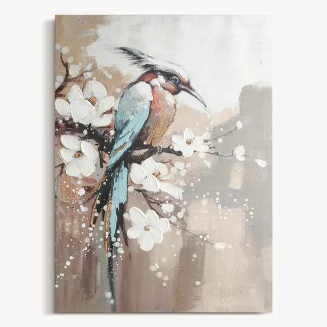 Obraz niebiesko-kremowy ręcznie malowany na płótnie z motywem inspirowanym przyrodą  50x70 cm