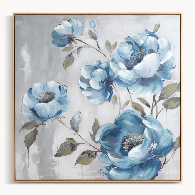 Obraz niebiesko-popielaty ręcznie malowany na płótnie z motywem kwiatów 80x80 cm