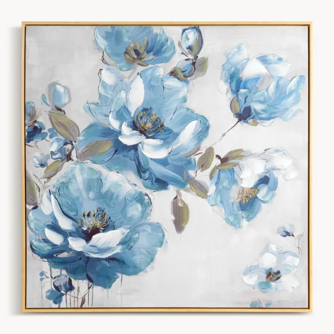 Obraz niebiesko-popielaty ręcznie malowany na płótnie z motywem kwiatów 80x80 cm