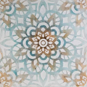 Obraz abstrakcja niebiesko, pomarańczowy ręcznie malowany na płótnie akcent folkloru 80x80 cm ORAMENTS