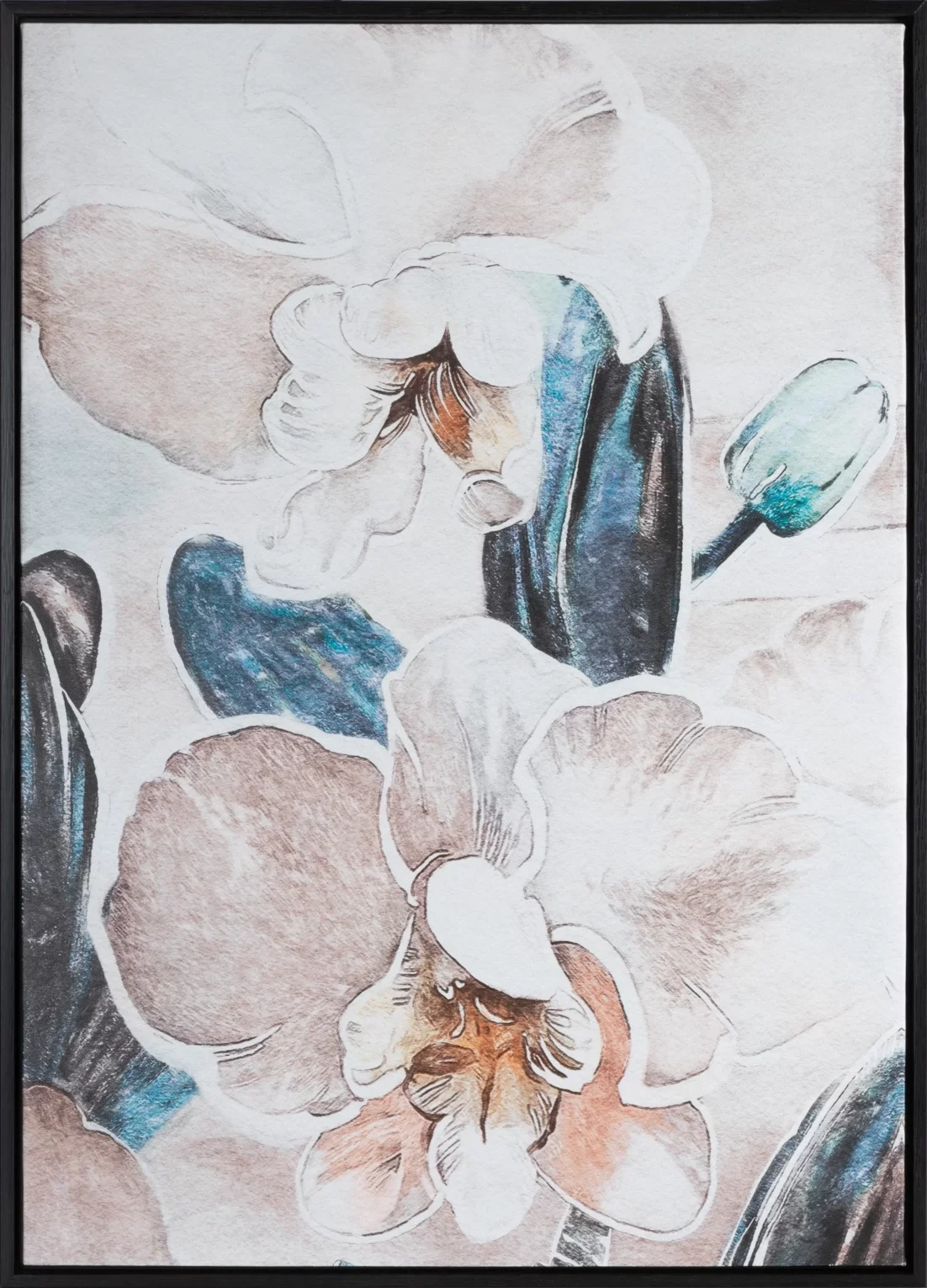 Obraz z kwiatami beżowo, turkusowy nadruk delikatnych storczyków na płótnie oprawiony w ramę 50x70 cm