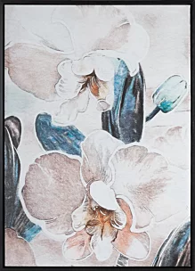 Obraz z kwiatami beżowo, turkusowy nadruk delikatnych storczyków na płótnie oprawiony w ramę 50x70 cm