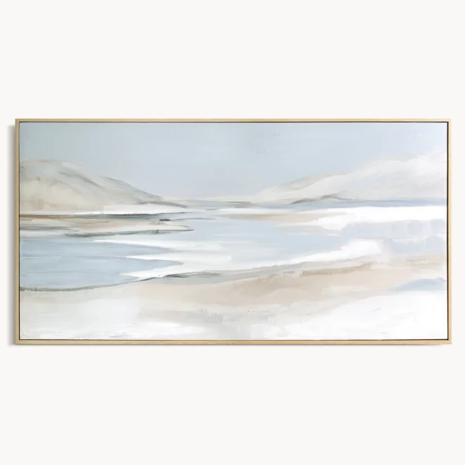 Obraz popielato-kremowy ręcznie malowany na płótnie nadmorski pejzaż 52x102 cm
