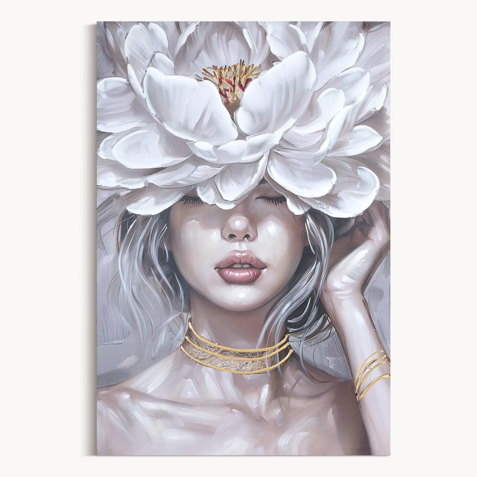 Obraz postaci beżowy ręcznie malowany na płótnie 60x90 cm