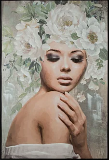 Obraz postaci popielato, zielony ręcznie malowany na płótnie 80x120 cm BLUSH 1