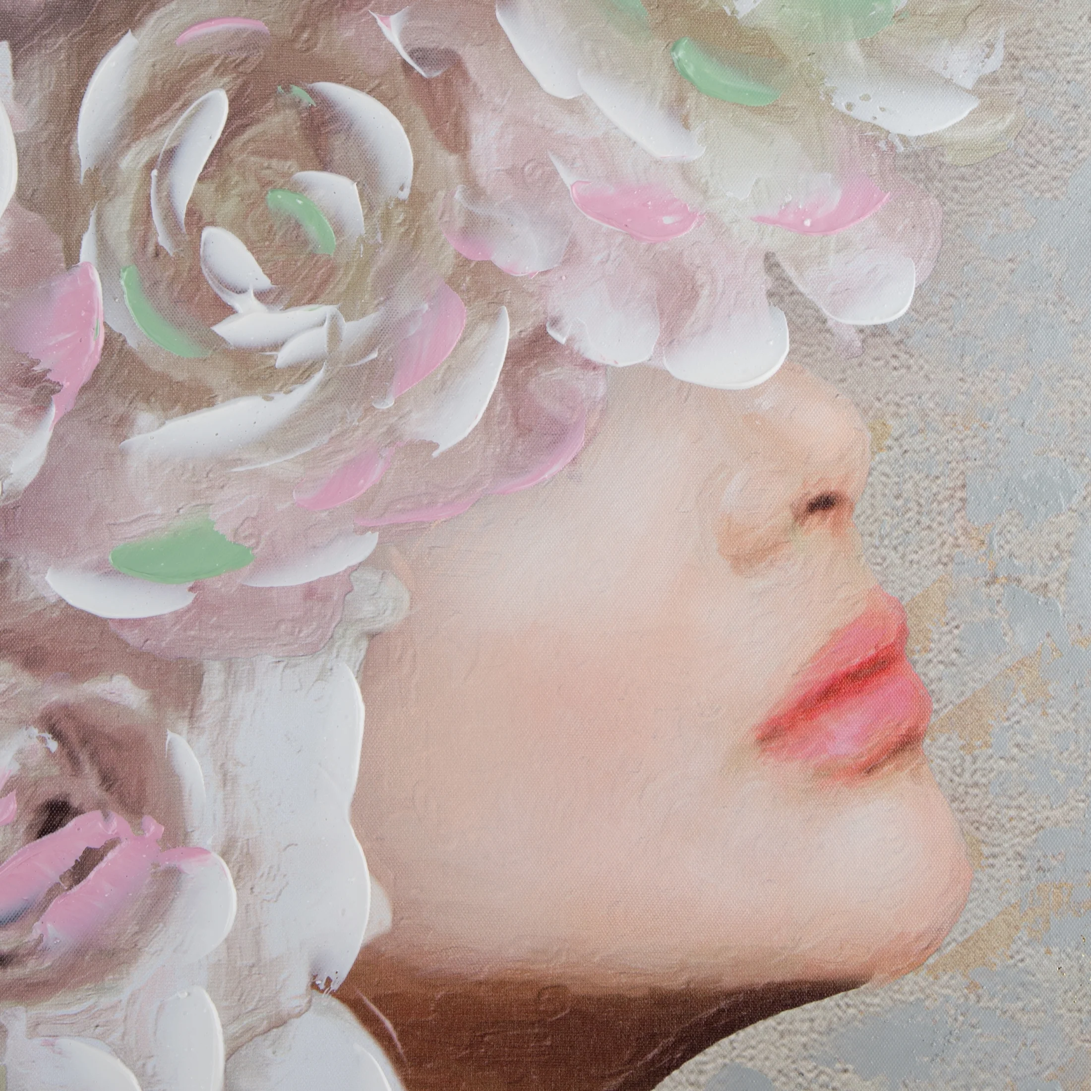 Obraz postaci szaro, różowy ręcznie malowany na płótnie 80x100 cm ROSALIE