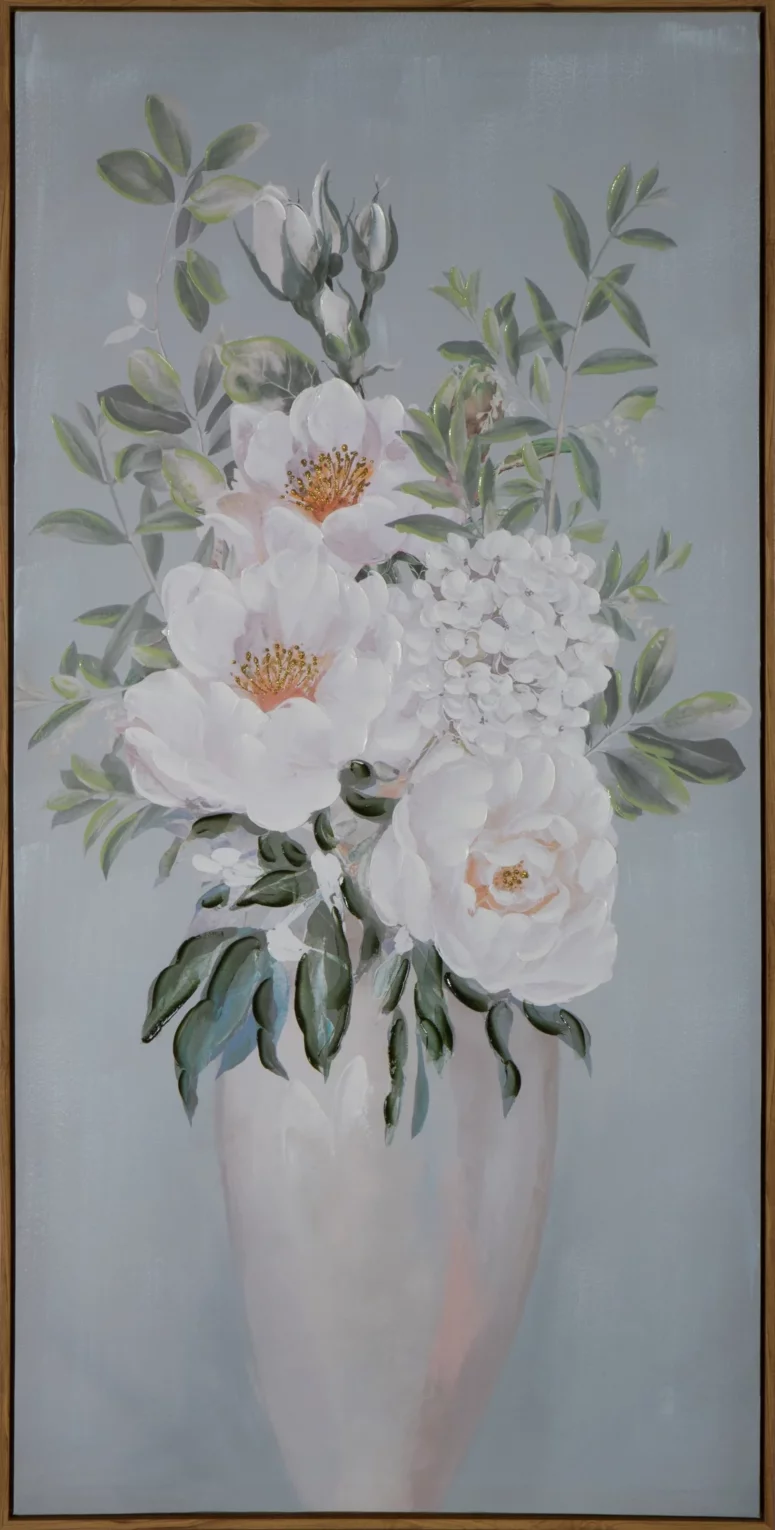 Obraz roślinny niebiesko, biały ręcznie malowany na płótnie 60x120 cm
