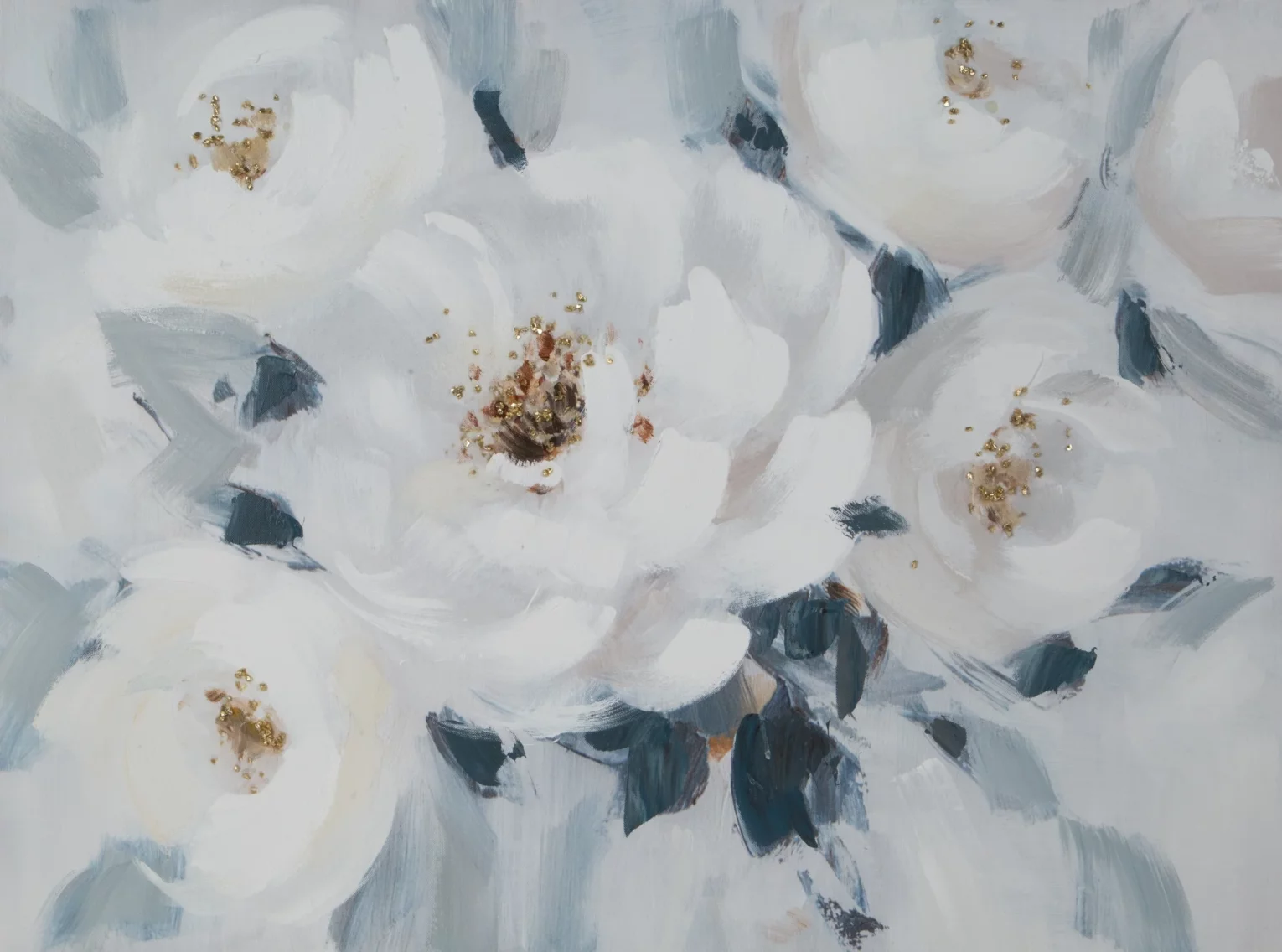 Obraz kwiatowy biało, jasnoniebieski ręcznie malowany na płótnie 80x60 cm