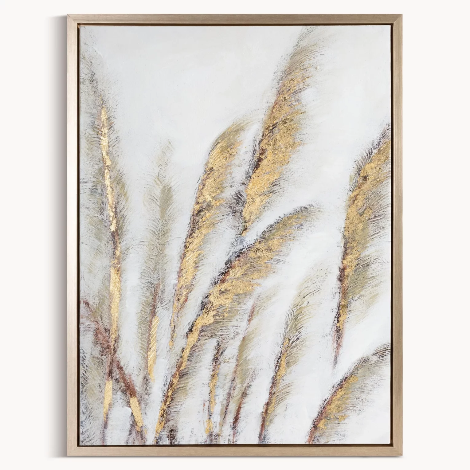 Obraz roślinny szaro, złocisty malowany ręcznie na płótnie z motywem trawy pampasowej 50x70 cm