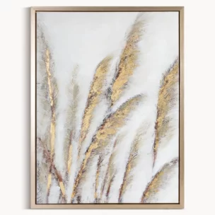 Obraz roślinny szaro, złocisty malowany ręcznie na płótnie z motywem trawy pampasowej 50x70 cm
