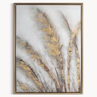 Obraz roślinny szaro, złocisty ręcznie malowany na płótnie z motywem trawy pampasowej 50x70 cm