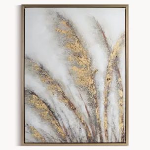 Obraz roślinny szaro, złocisty ręcznie malowany na płótnie z motywem trawy pampasowej 50x70 cm
