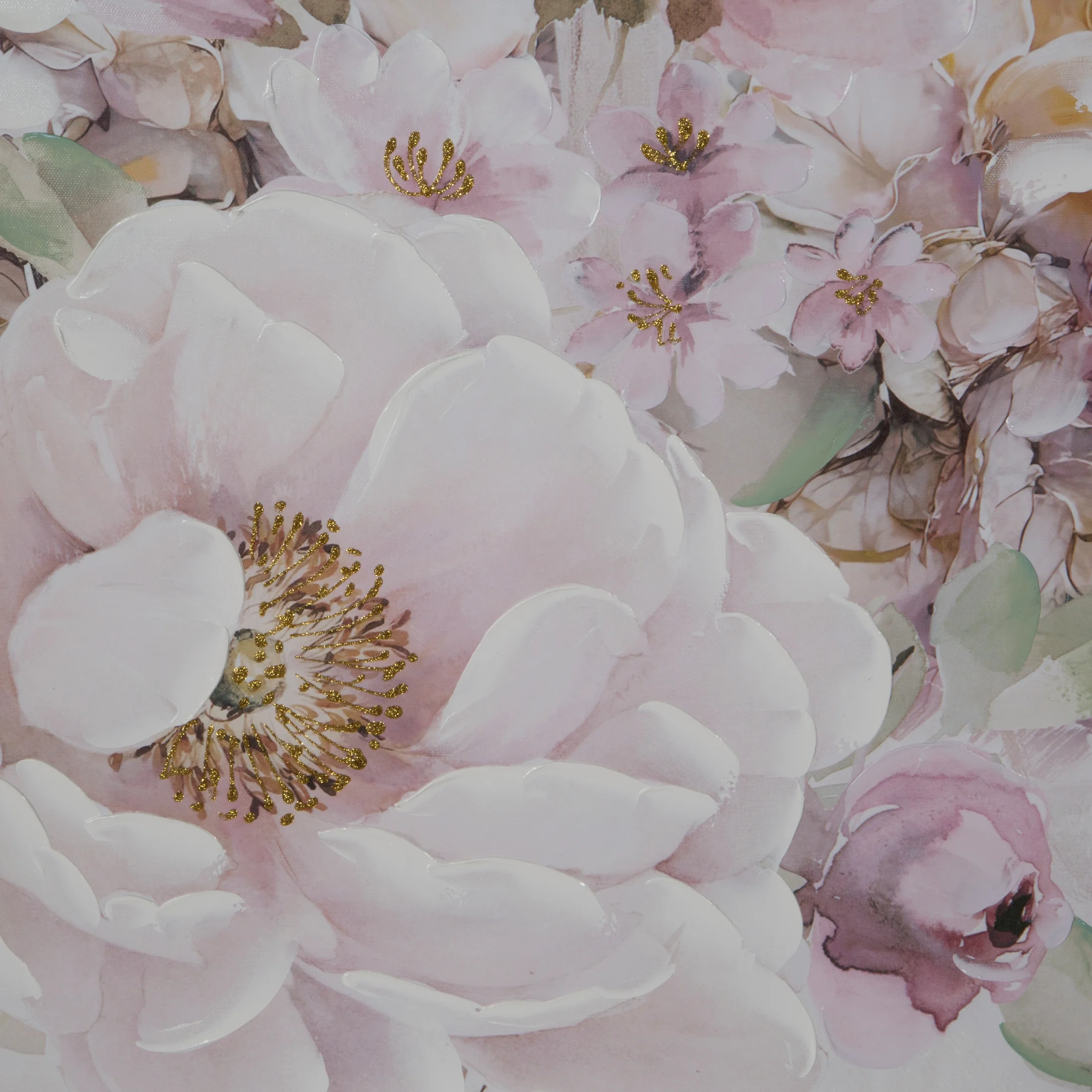 Obraz roślinny beżowo, różowy ręcznie malowany na płótnie 80x80 cm FLORA