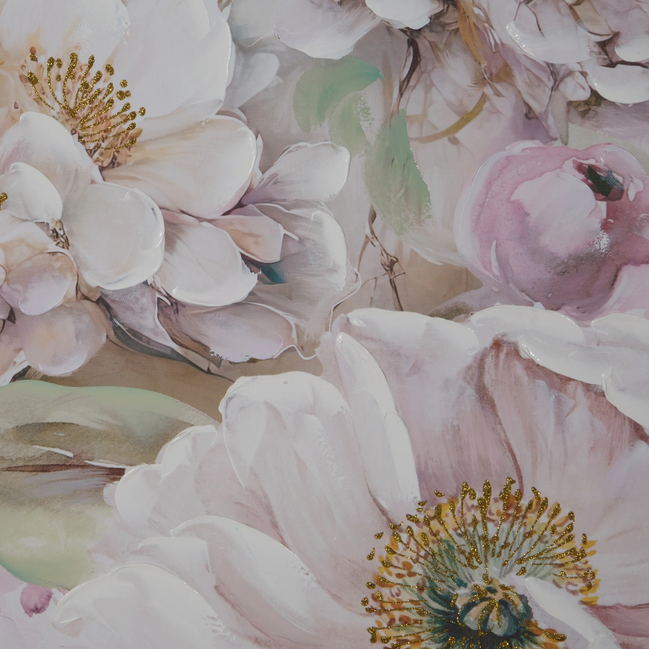 Obraz roślinny beżowo, różowy ręcznie malowany na płótnie bukiet kwiatów 80x80 cm FLORA