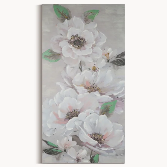 Obraz roślinny beżowo, zielony malowany ręcznie na płótnie 60x120 cm FLOWERY