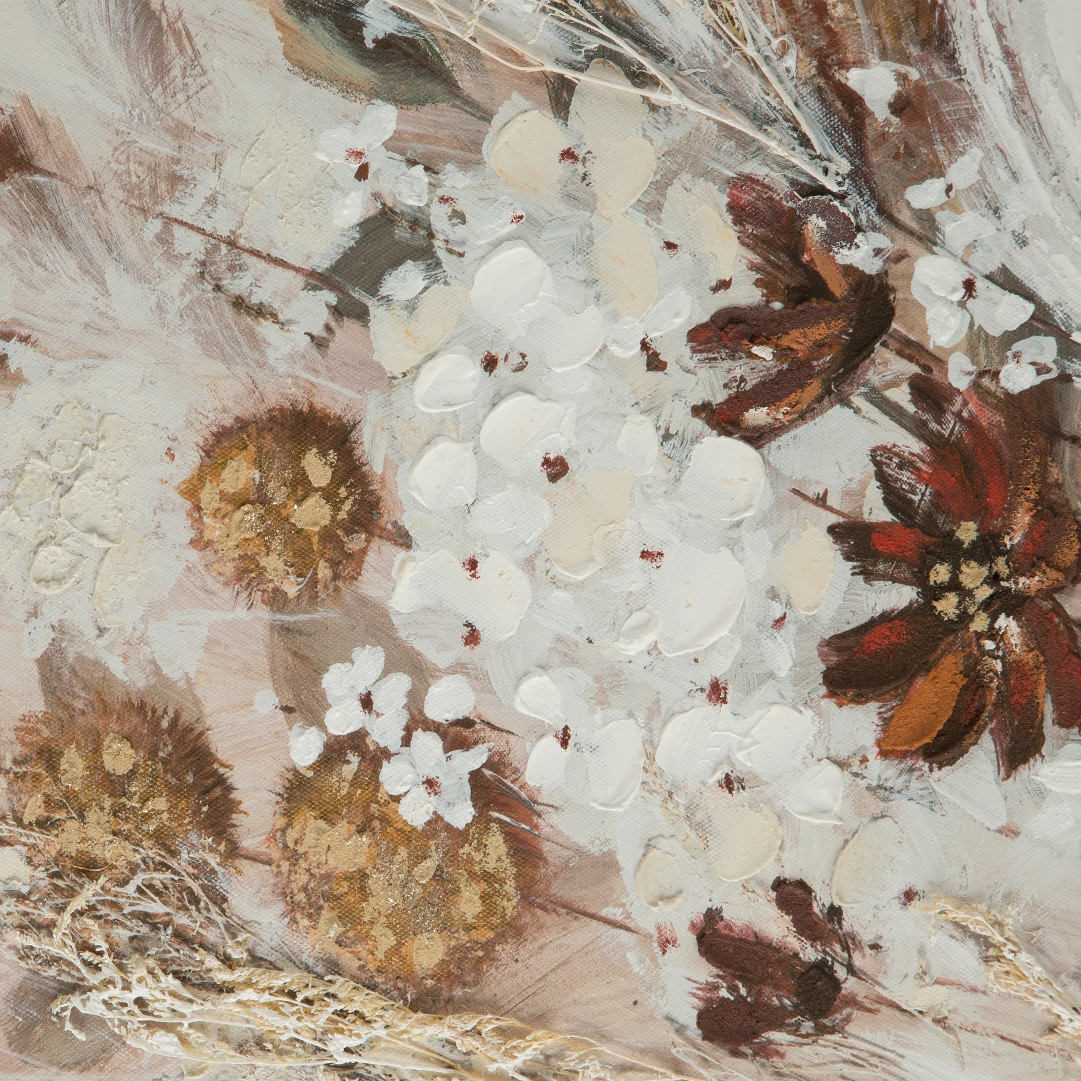 Obraz roślinny beżowy ręcznie malowany na płótnie - trójwymiarowy kolaż 60x80 cm