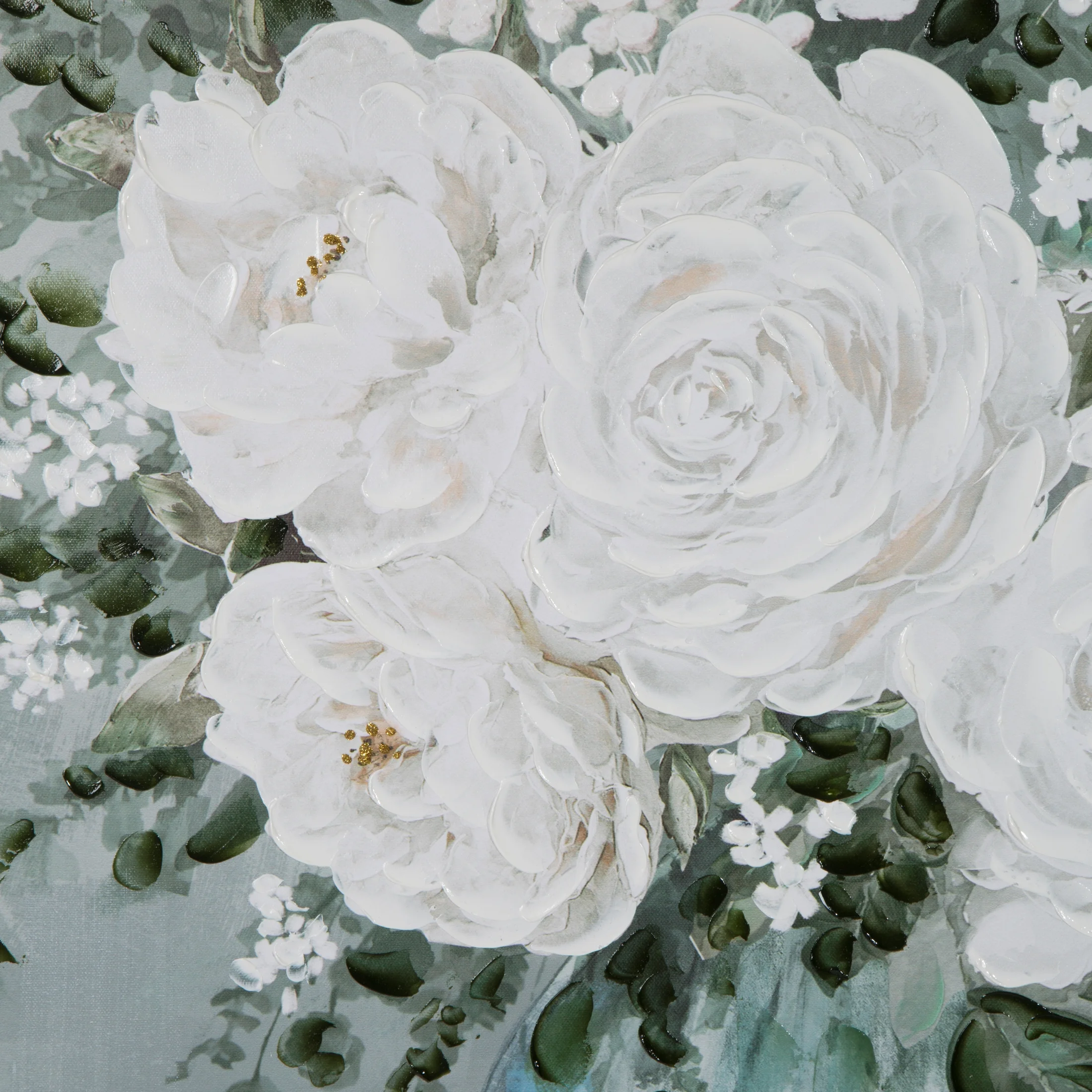 Obraz roślinny biało, niebieski ręcznie malowany na płótnie bukiet kwiatów 70x100 cm FLORA