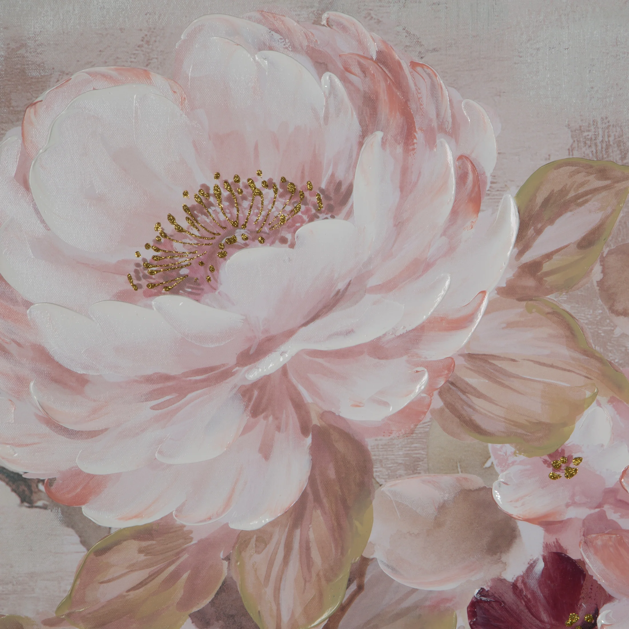 Obraz roślinny ciemnoróżowo, beżowy ręcznie malowany na płótnie bukiet kwiatów 80x80 cm FLORA