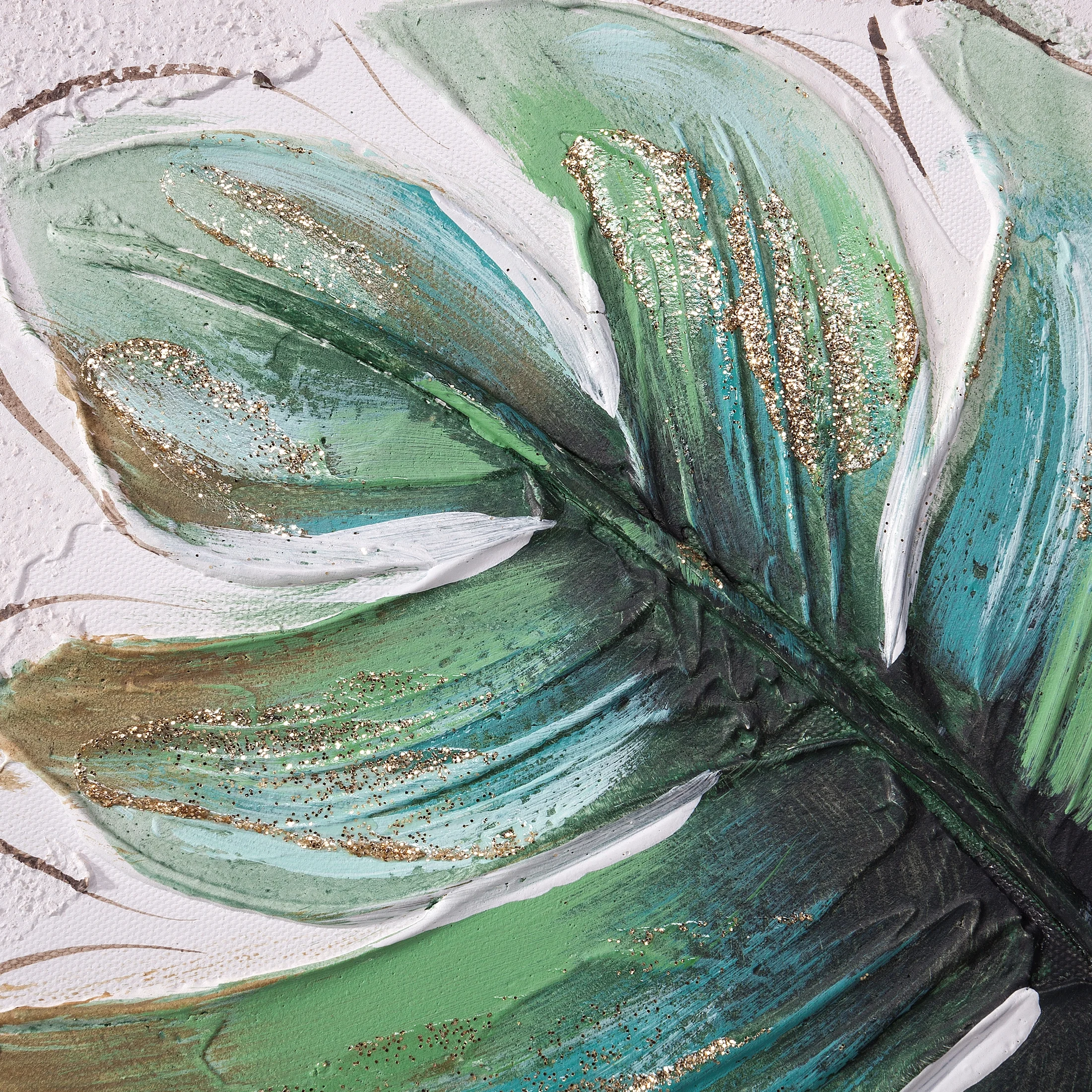 Obraz roślinny ciemnozielono, turkusowy ręcznie malowany na płótnie 30x30 cm MONSTERA 1