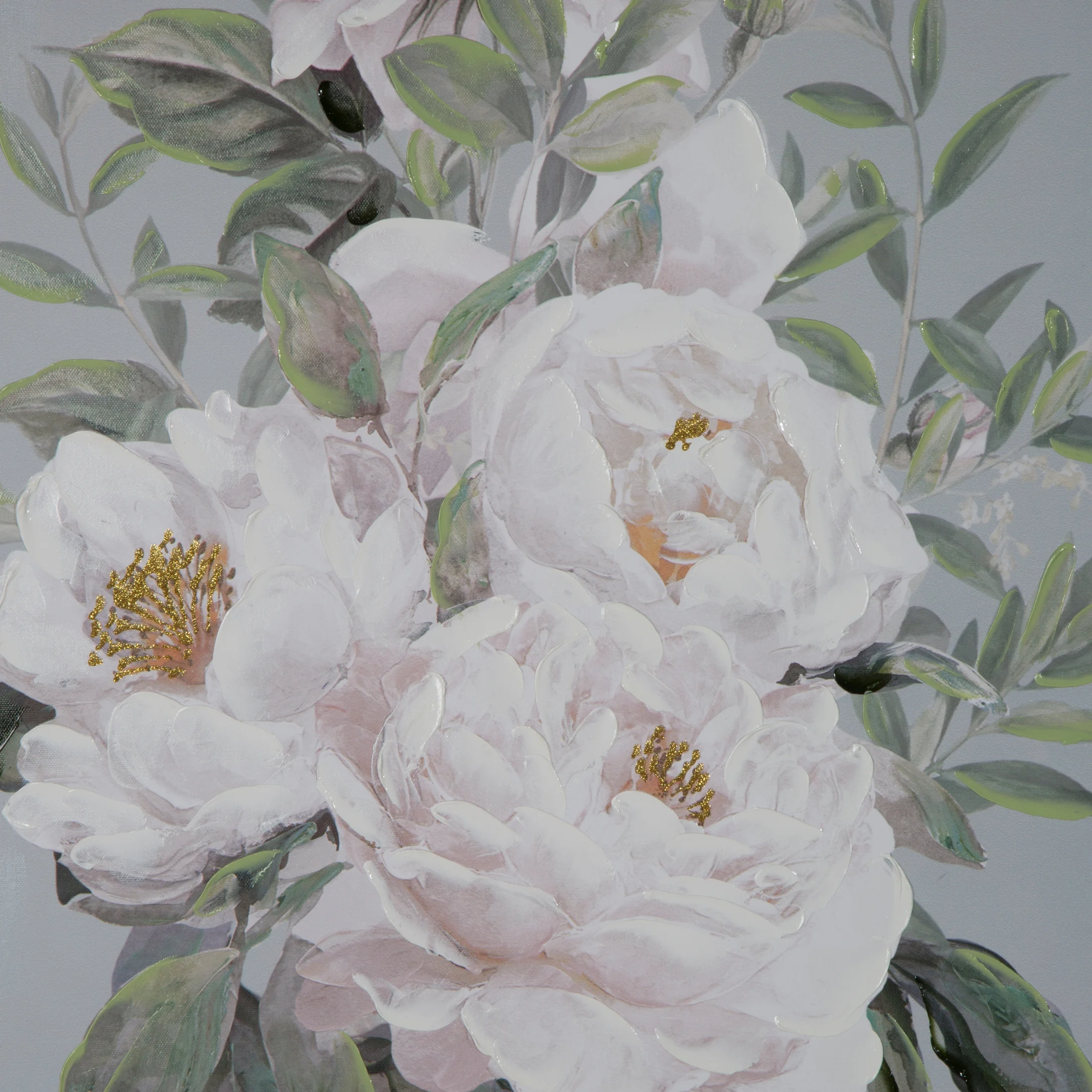 Obraz roślinny niebiesko, biały ręcznie malowany na płótnie bukiet kwiatów 60x120 cm