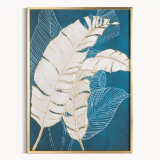 Obraz roślinny turkusowo, złoty nadruk na płótnie z liśćmi bananowca 50x70 cm