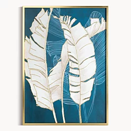 Obraz roślinny turkusowo, złoty nadruk na pł&oacute;tnie z motywem liści bananowca 50x70 cm