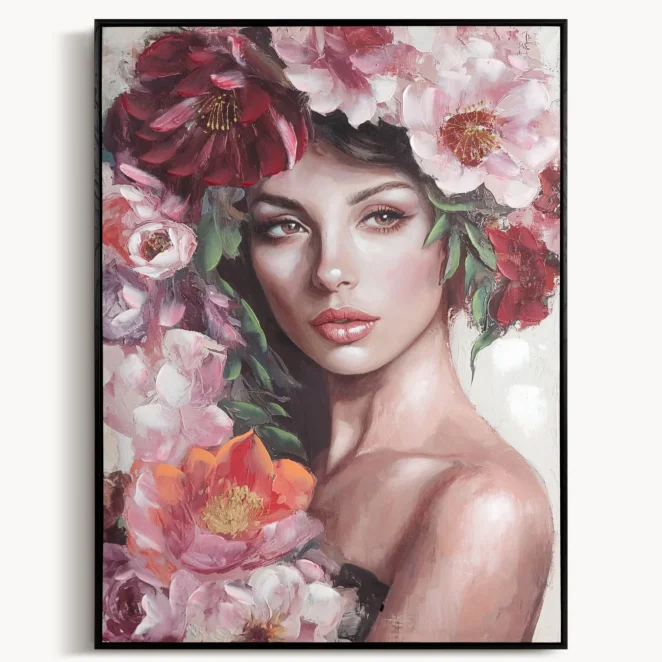 Obraz różowo-jasnobrązowy ręcznie malowany na płótnie portret kobiety z kwiatami 70x100 cm