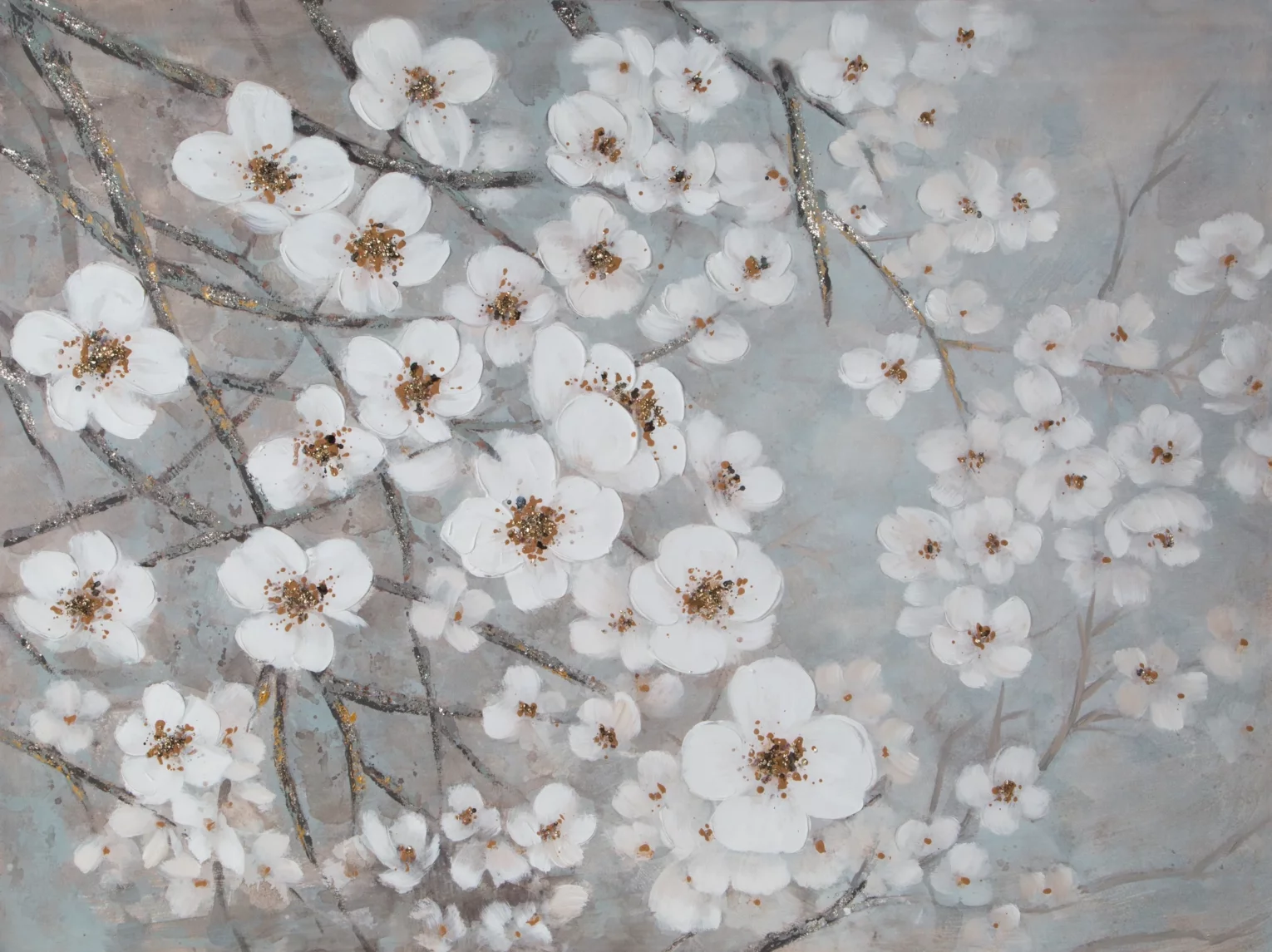 Obraz z kwiatami biało, niebieski ręcznie malowany na płótnie 120x90 cm SPRING
