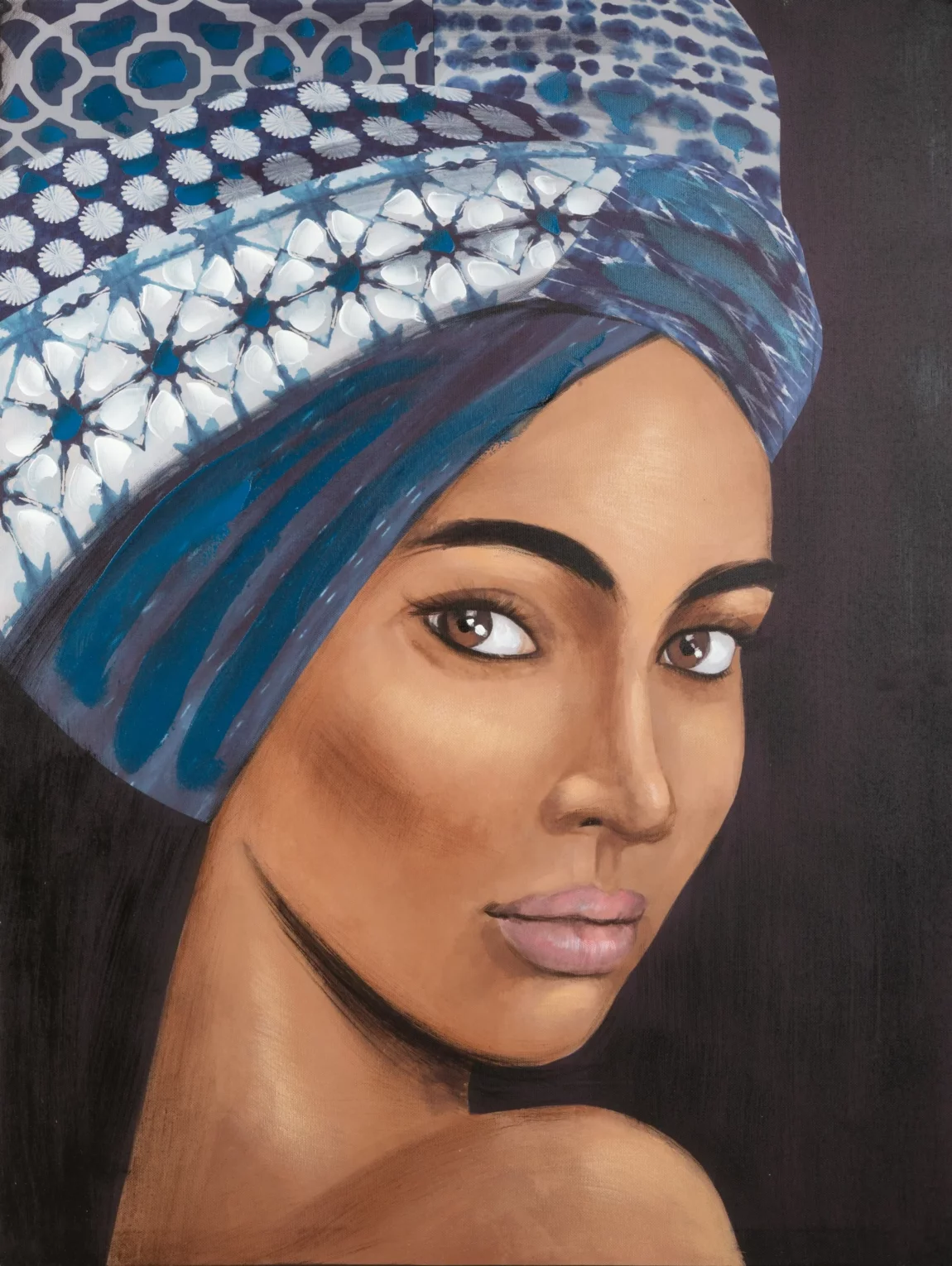 Obraz postaci niebiesko, jasnobrązowy ręcznie malowany na płótnie 60x80 cm