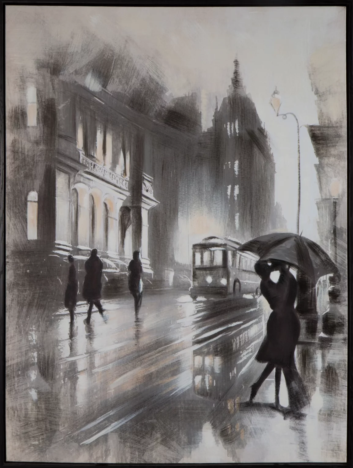 Obraz miasta biało, popielaty ręcznie malowany na płótnie oprawiony w ramę 60x80 cm UMBRELLA