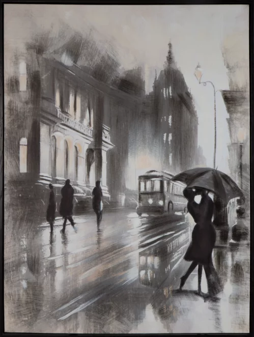 Obraz miasta biało, popielaty ręcznie malowany na płótnie oprawiony w ramę 60x80 cm UMBRELLA