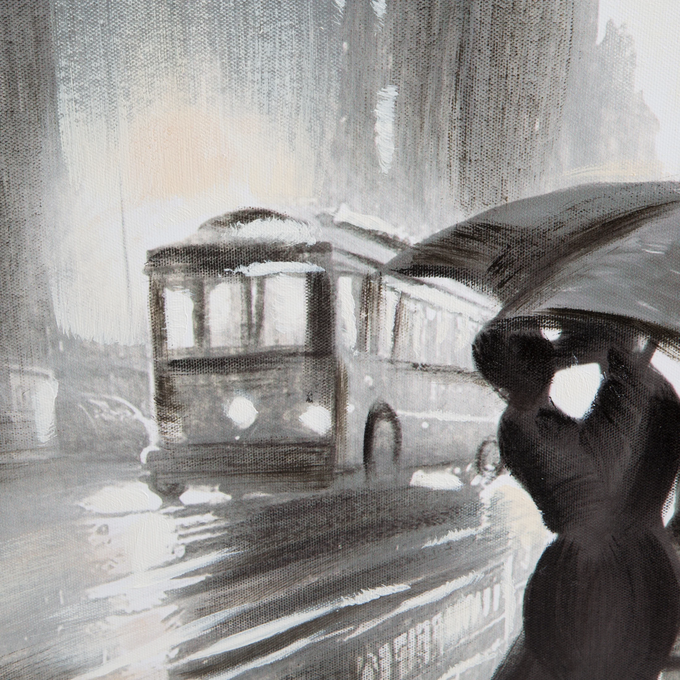 Obraz miasta biało, popielaty ręcznie malowany na płótnie oprawiony w ramę 60x80 cm UMBRELLA