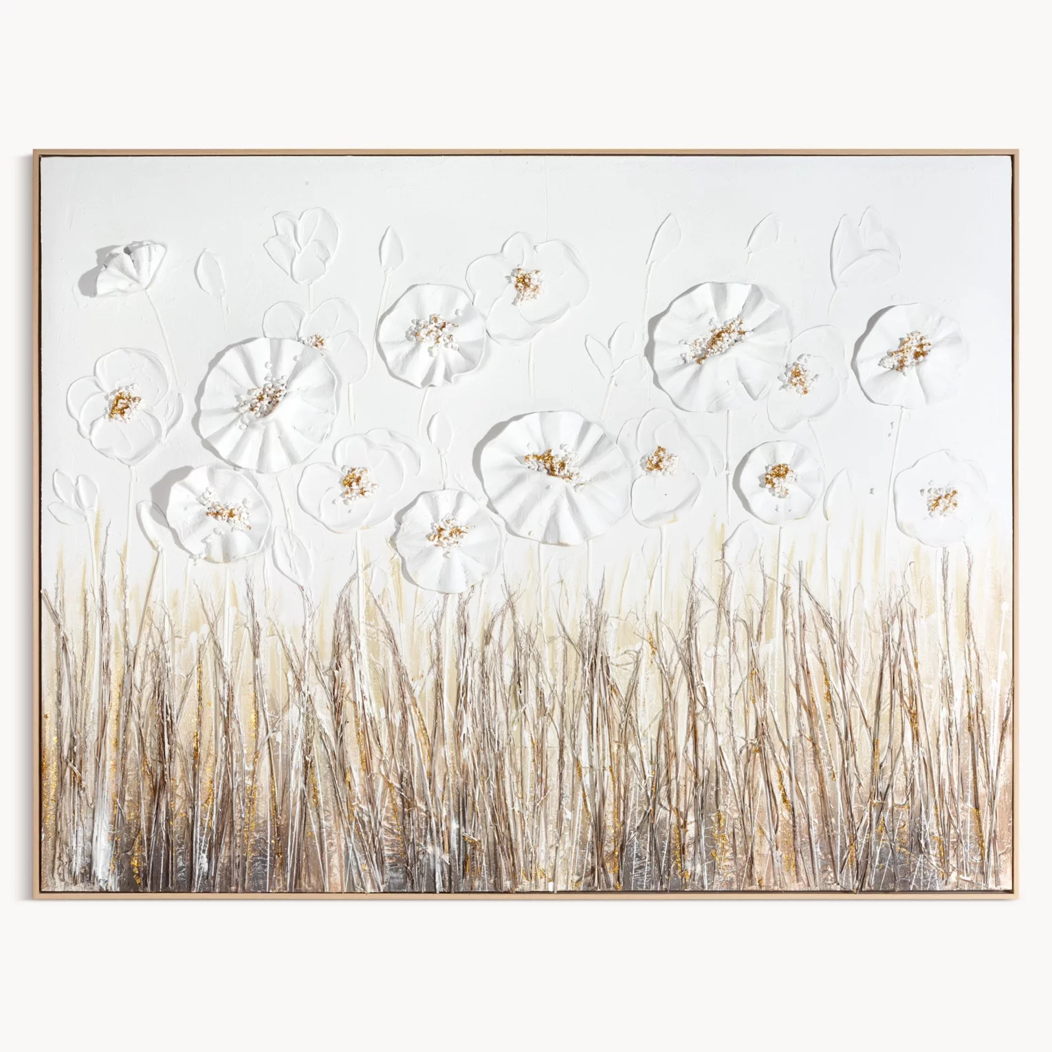 Obraz w trójwymiarowe kwiaty kremowo, złoty ręcznie malowany na płótnie oprawiony w ramę 122x92 cm