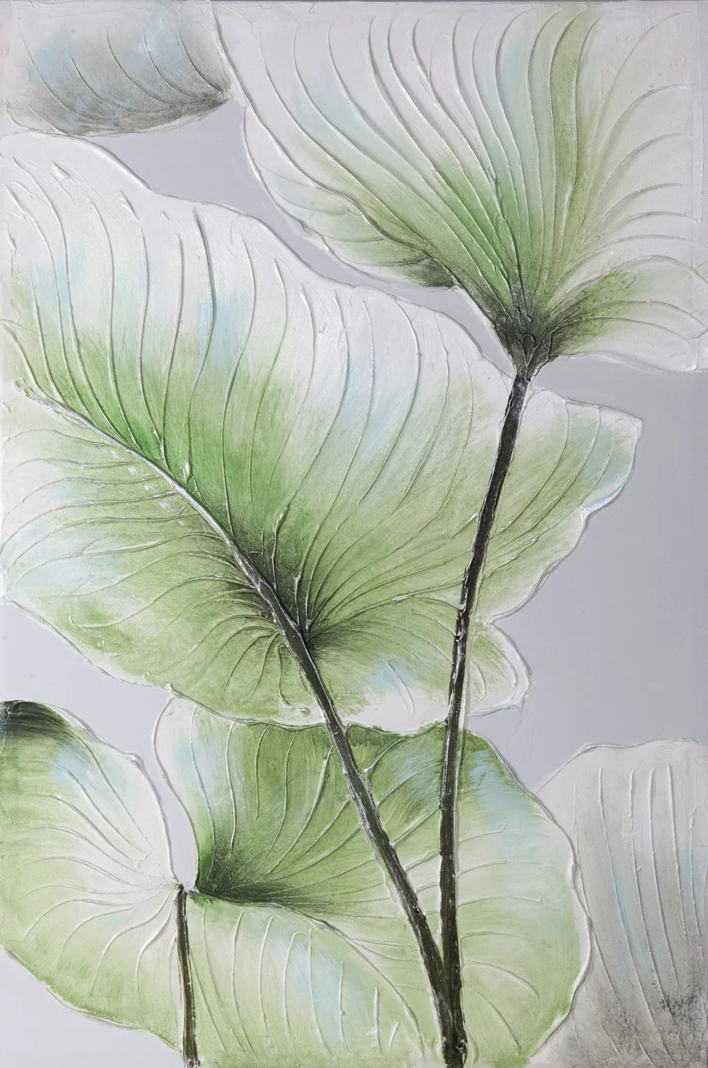 Obraz roślinny zielono, kremowy ręcznie malowany na płótnie 60x90 cm FLORE