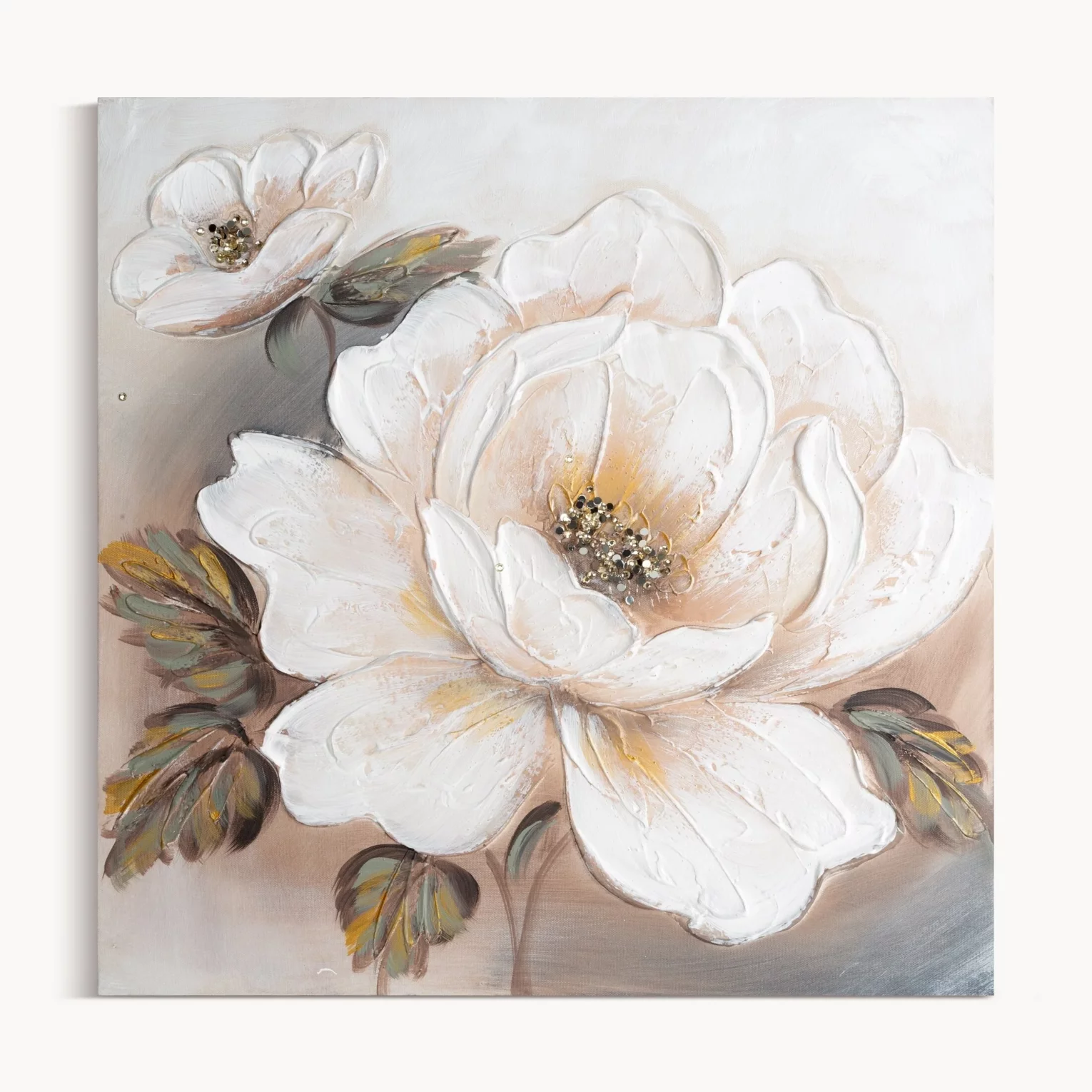 Obraz z kwiatem biało, beżowy ręcznie malowany na płótnie 60x60 cm