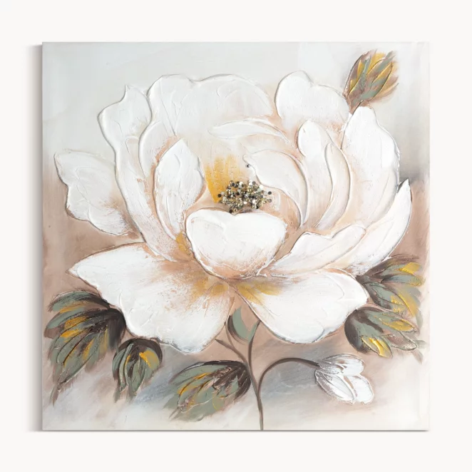 Obraz z kwiatem biało, beżowy ręcznie malowany na płótnie ze złotym zdobieniem 60x60 cm