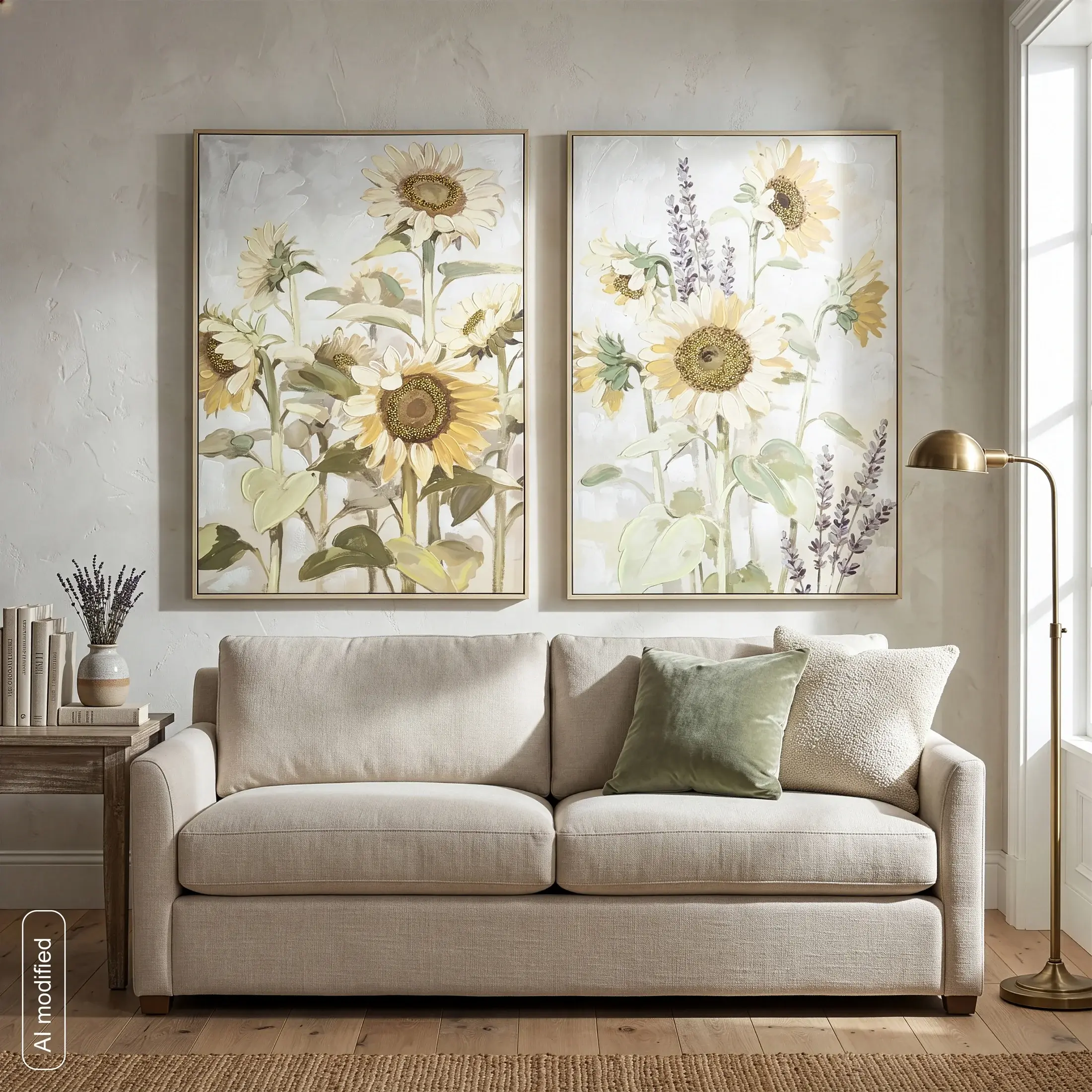 Obraz żółto-zielony ręcznie malowany na płótnie z motywem słoneczników 62x92 cm