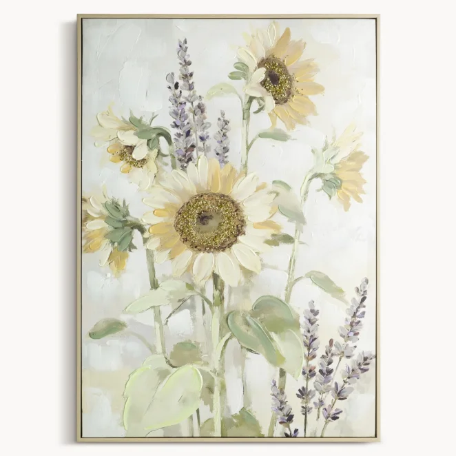 Obraz żółto-zielony ręcznie malowany na płótnie  z motywem słoneczników 62x92 cm