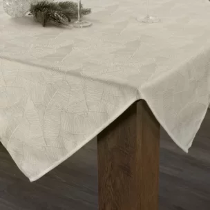 Obrus kremowo, biały 140x180 cm ISLA z żakardowym wzorem liści bananowca