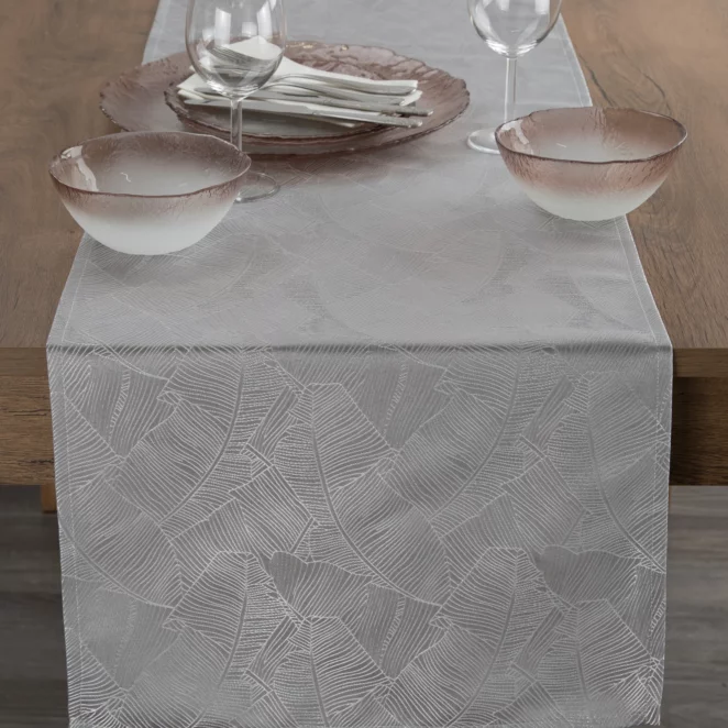Bieżnik na stół srebrno, biały 40x140 cm ISLA z żakardowym wzorem liści bananowca